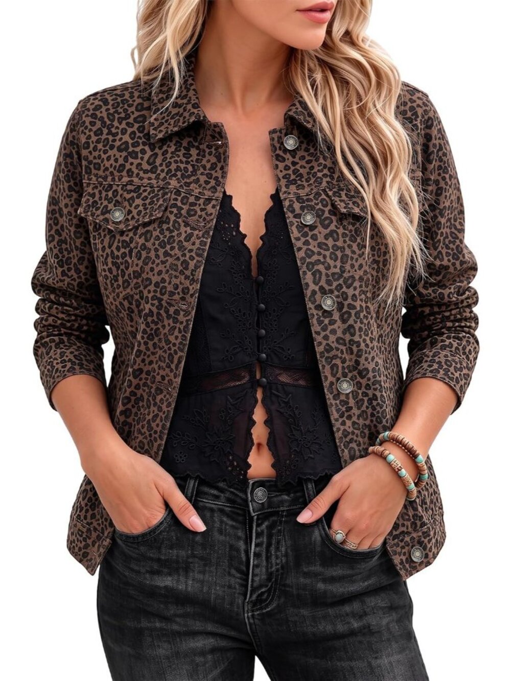 Women's Mini Brown Leopard Print Long Sleeve Western Denim Button Down Jacket